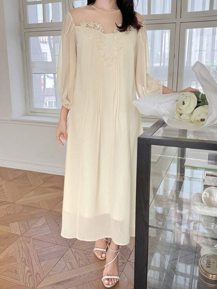 Elegant Women's Long Sleeve Dress With Mesh Patchwork And Lace Trim, Loose Fitting, Fall,Casual Women Dresses Maxi Dress