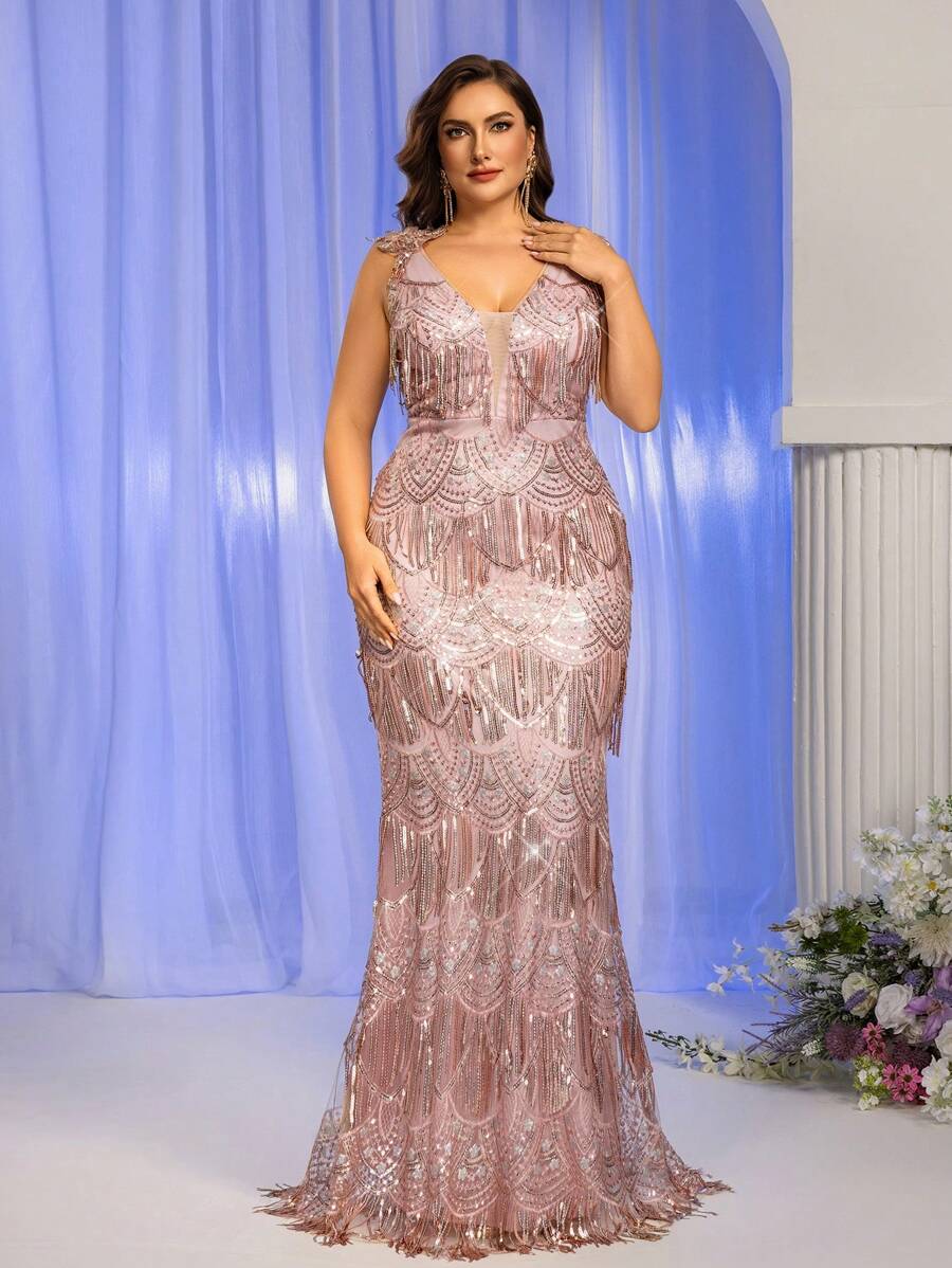 Glamrae 加大码优雅黑色正式晚礼服，肩部饰有花卉串珠刺绣，深 V 领，束腰，拖尾 - 粉色 - 查看 1