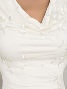 Aloruh Vestido súper largo con cuello de volantes, bordado y malla plisada, romántico para mujeres, perfecto para bodas y vacaciones, primavera/verano