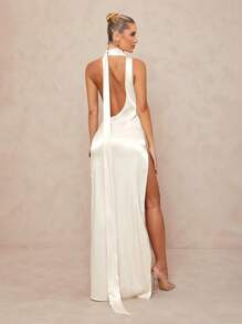 Lumalex 女士高领系带露背高开衩紧身连衣裙 - 香檳色 - 查看 1