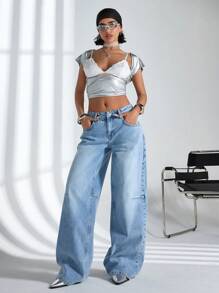 EURMUSE Y2K Low Waist Wide Leg Jeans, Vintage Wash - Medium Wash - View 7