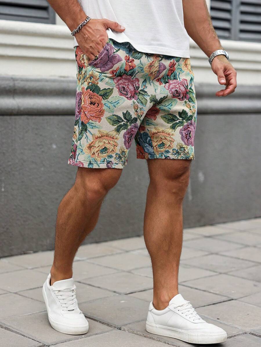 Manfinity Homme 男士提花短裤，夏季时尚 - 綠色 - 查看 1