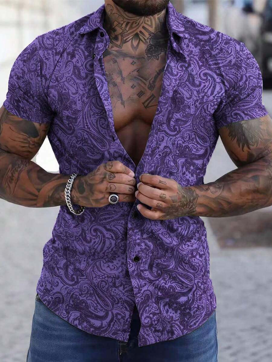 Manfinity Homme Áo sơ mi nam tay ngắn, thời trang mùa hè - Màu tím - Xem 1