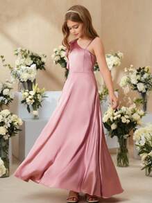 SHEIN 女孩优雅缎面单肩荷叶边装饰腰部 A 字长裙，花童/伴娘/生日派对/婚礼，青年尺码 - 粉色 - 查看 4