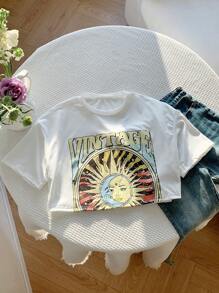 SHEIN EZwear Camiseta crop sol & con estampado de letra de hombros caídos
