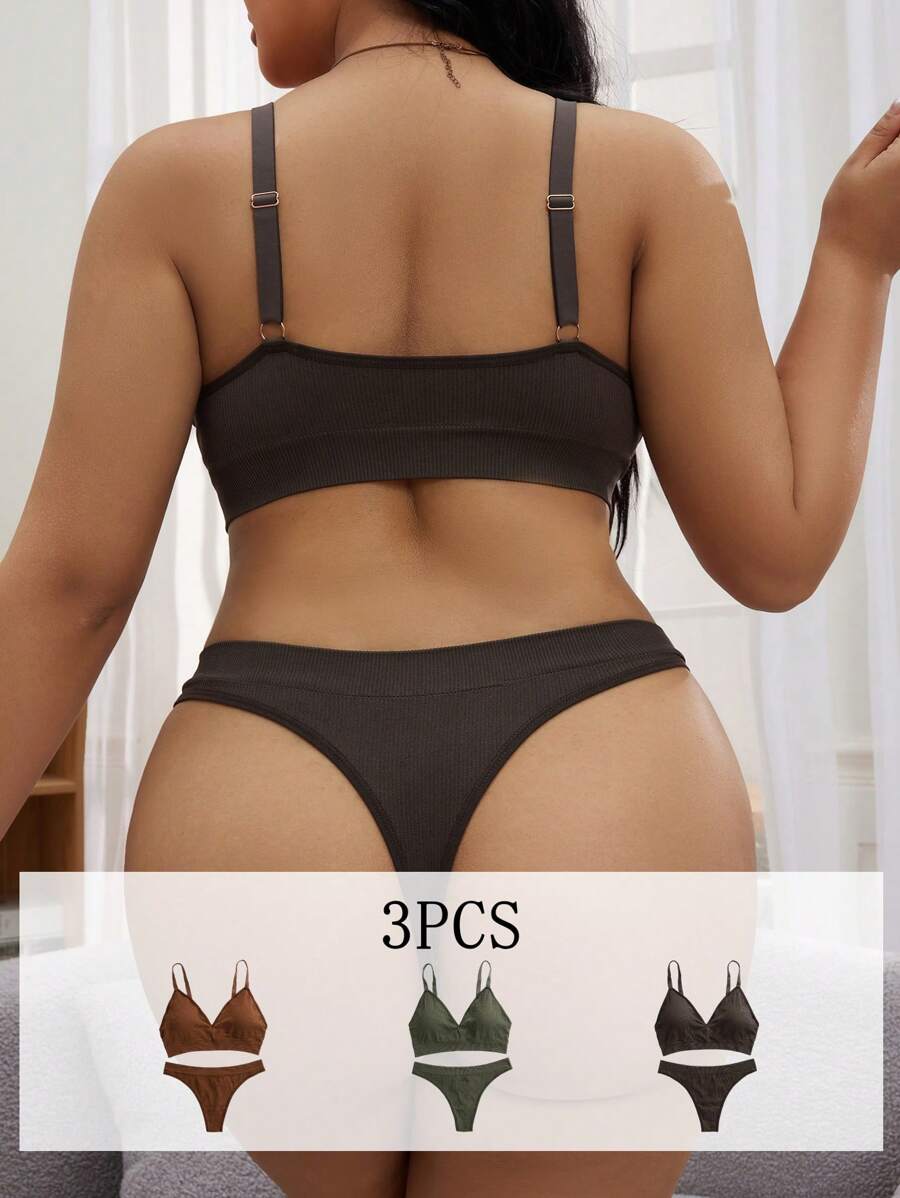 SHEIN 6pcs Pack Plus Size Seamless Wireless Thong Set, Comfortable - Multicolor - View 1