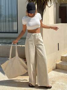 DAZY Jeans de mujer de unicolor de estilo casual de vacaciones/casual de negocios, nueva llegada de verano - Caqui - Ver 7