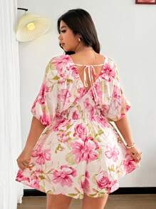 Flirla Fashionable Casual Elegant Vacation Style Spring/Autumn New Sexy V-Neck Pink Rose Floral Belted Wide-Leg Jumpsuit With Lantern Sleeves For Women - Pink - View 2