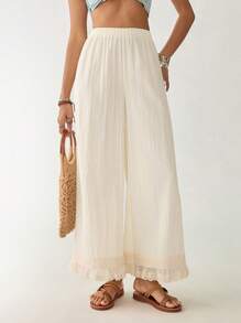 Florisole 松紧腰碎花拼接休闲阔腿纯色度假裤