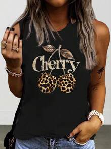 SHEIN VCAY Women's Casual Round Neck Sleeveless Chic Leopard And Cherry Pattern Print Tank Top - Black - View 1