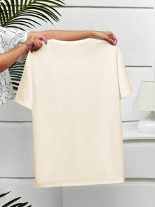 SHEIN Retro Slogan Contrast Color Oyster Graphic Oversized Loose Round Neck Women T-Shirt - Apricot - View 2