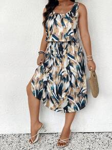 SHEIN Frenchy Plus Size Sleeveless All Over Print Casual Vacation Dress,Flowy Dress - Multicolor - View 5