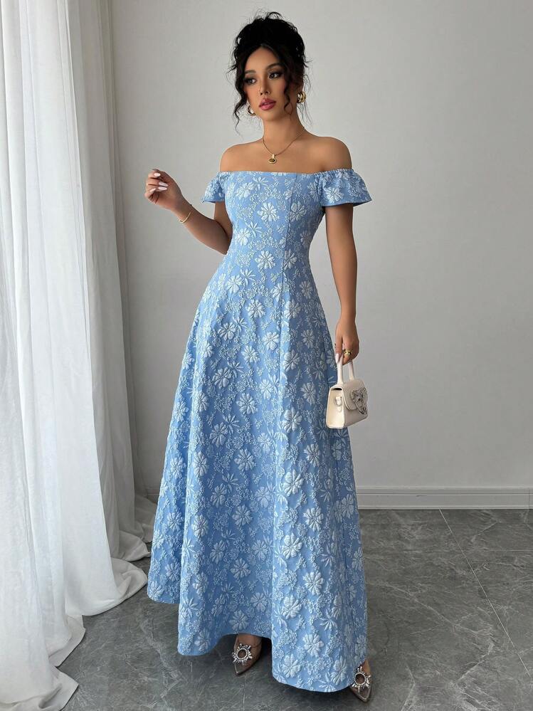 Elenzga Vestido largo de hombros descubiertos, color azul, de moda y adecuado para el verano - Azul - Añade 6
