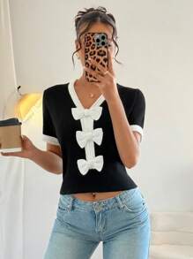 SHEIN Unity 女士百搭韩版蝴蝶结可爱淑女百搭短袖毛衣针织套头衫秋冬 - 黑與白 - 查看 8