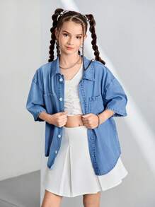 Camisa vaquera de manga corta de tencel/lyocell para niñas, color azul claro, ropa exterior casual de ajuste cómodo y ceñido