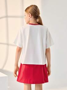 SHEIN Tween Girl Back-To-School White And Red Summer Casual School Outdoor Sports Short Sleeve T-Shirt & Skirt Set,Children Round Neck Patchwork Contrast - White - View 2