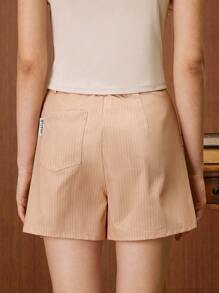 HARRY POTTER X SHEIN 女士夏季条纹字母印花口袋短裤 - 咖啡棕 - 查看 6