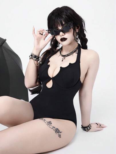 Goth Maillot de bain une pièce imprimé chauve-souris gothique sexy, Halloween