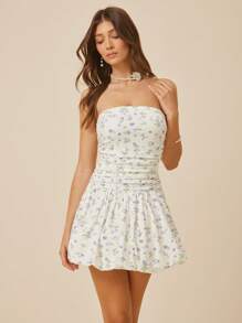 L'Amorae Summer Elegant Ditsy Floral Print Backless Bubble Hem Mini Tube Dress - Multicolor - View 4