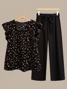 Linhara 女式大码 V 领盖袖碎花衬衫 + 纯色系腰阔腿裤 2 件套 - 黑色 - 查看 1