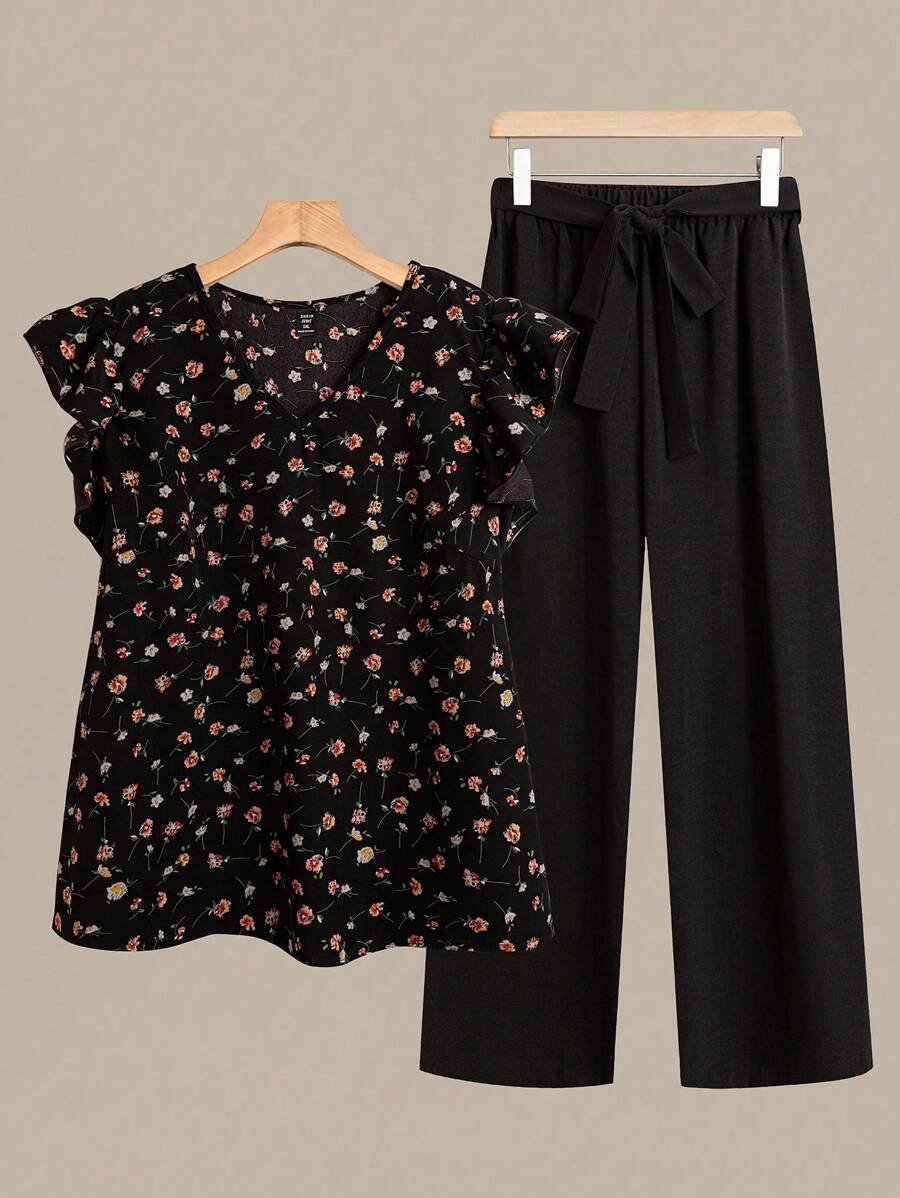 Linhara 女式大码 V 领盖袖碎花衬衫 + 纯色系腰阔腿裤 2 件套 - 黑色 - 查看 1