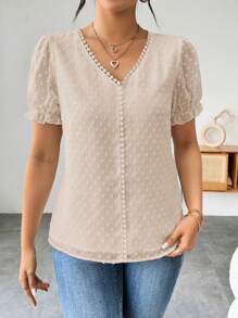 Elenzga Women's French Solid Color Swiss Dot Ruffle Detail V-Neck Puff Sleeve Blouse - Apricot - View 3