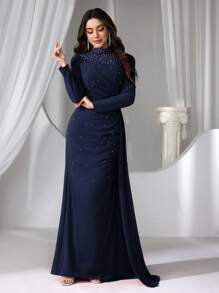 Coutiva 女士立领仿珍珠装饰长款晚礼服、优雅连衣裙、派对礼服、婚礼宾客礼服、正式礼服 - 藏蓝色 - 查看 5