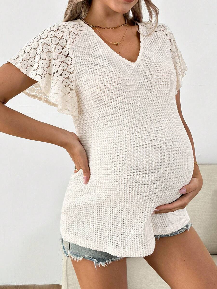 SHEIN Maternity V-Neck Contrast Lace Ruffle Short Sleeve Casual T-Shirt - Apricot - View 1