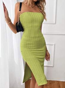 Firerie Women's Solid Color Strapless Side Slit Hem Fitted Fashion Dress - Avocado Green - View 1