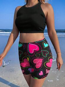 SHEIN EZwear Quần legging họa tiết trái tim thường ngày cỡ lớn dành cho nữ, phù hợp cho mùa hè - Nhiều màu - Xem 5