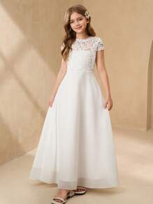 SHEIN Tween Girl Elegant High-End Lace Patchwork Glossy Satin Long Sleeve Flower Girl Dress For Weddings, Galas, Birthdays, Performances