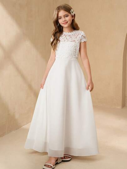 SHEIN Vestido elegante de niña preadolescente de manga larga con aplicaciones de encaje y satén brillante para niña de las flores en bodas, galas, cumpleaños y actuaciones