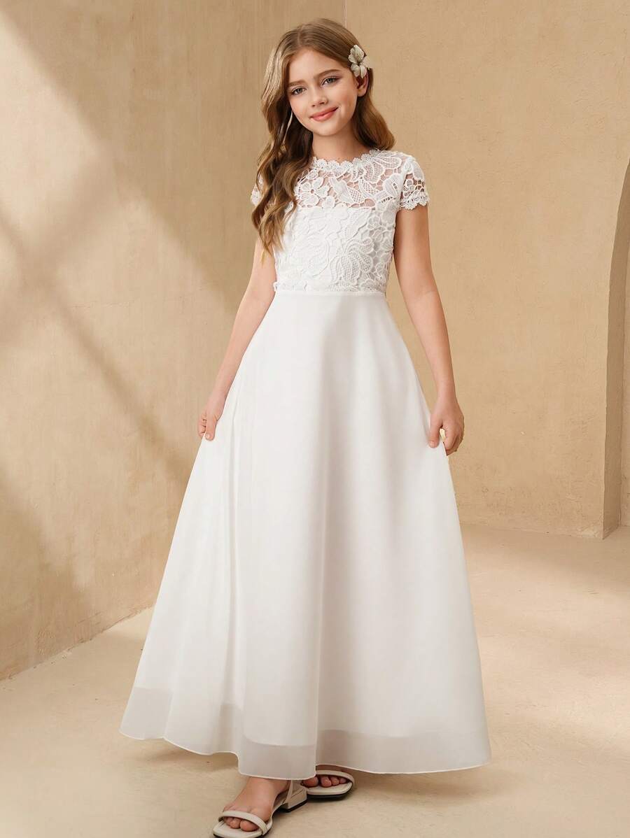 SHEIN Tween Girl Elegant High-End Lace Patchwork Glossy Satin Long Sleeve Flower Girl Dress For Weddings, Galas, Birthdays, Performances