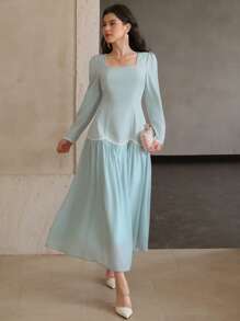 DAZY 女式二合一亮片蕾丝边中长连衣裙女式休闲连衣裙女式连衣裙生日工作秋季连衣裙女式加大太阳裙女式加大服装商务休闲长袖连衣裙