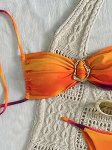 Swim Vcay Bộ bikini gợi cảm in họa tiết ombre cho nữ 2 món, áo hở cổ và quần lọt khe in họa tiết ombre có thể điều chỉnh, bộ bikini để tắm nắng, đi nghỉ, tiệc bơi - Nhiều màu - Xem 3