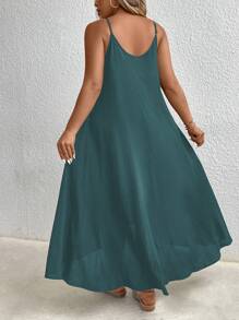 SHEIN Clasi Plus Size Solid Color Hollow Circle Accent Spaghetti Strap Sleeveless Dress Maxi Women Outfit - Teal Blue - View 2
