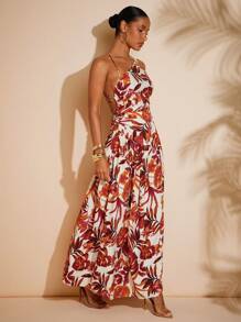 Hauture Vacation Casual Full Print Asymmetric Neck Backless Dress - Multicolor - View 1