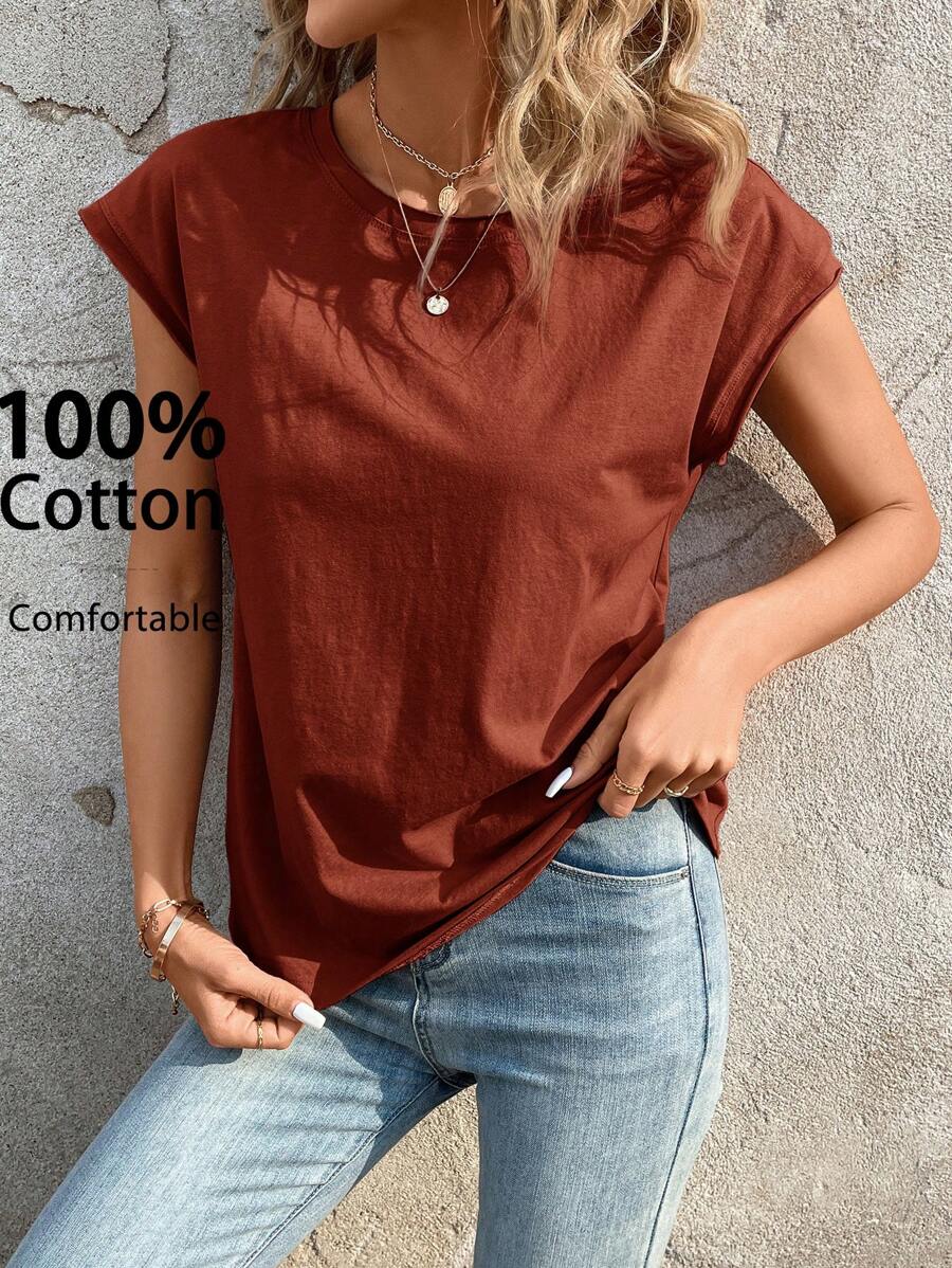 SHEIN LUNE Camiseta casual feminina sólida gola redonda manga curta