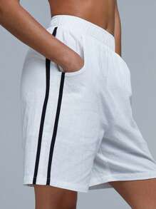 Athîral Women Linen Look Side Stripe Loose Casual Shorts With Pockets - White - View 7