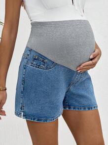 SHEIN Shorts vaqueros de maternidad de cintura alta con bloques de color, para verano, Día de la Madre, 4 de julio, graduación, brunch