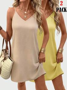 SHEIN LUNE 2 件套女士休闲纯色无袖背心和迷你连衣裙套装，春夏日常穿着 - 彩色 - 查看 3