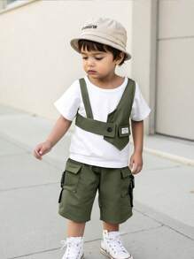 Set 3 buc ținută de vară pentru bebeluș băiețel - tricou cu mânecă scurtă, pantaloni cargo, vestă, la modă și perfectă pentru joacă în aer liber