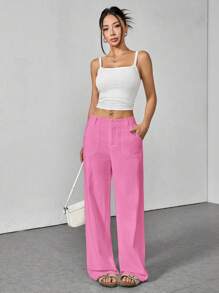 SHEIN PETITE 休闲纯色宽松低腰阔腿裤