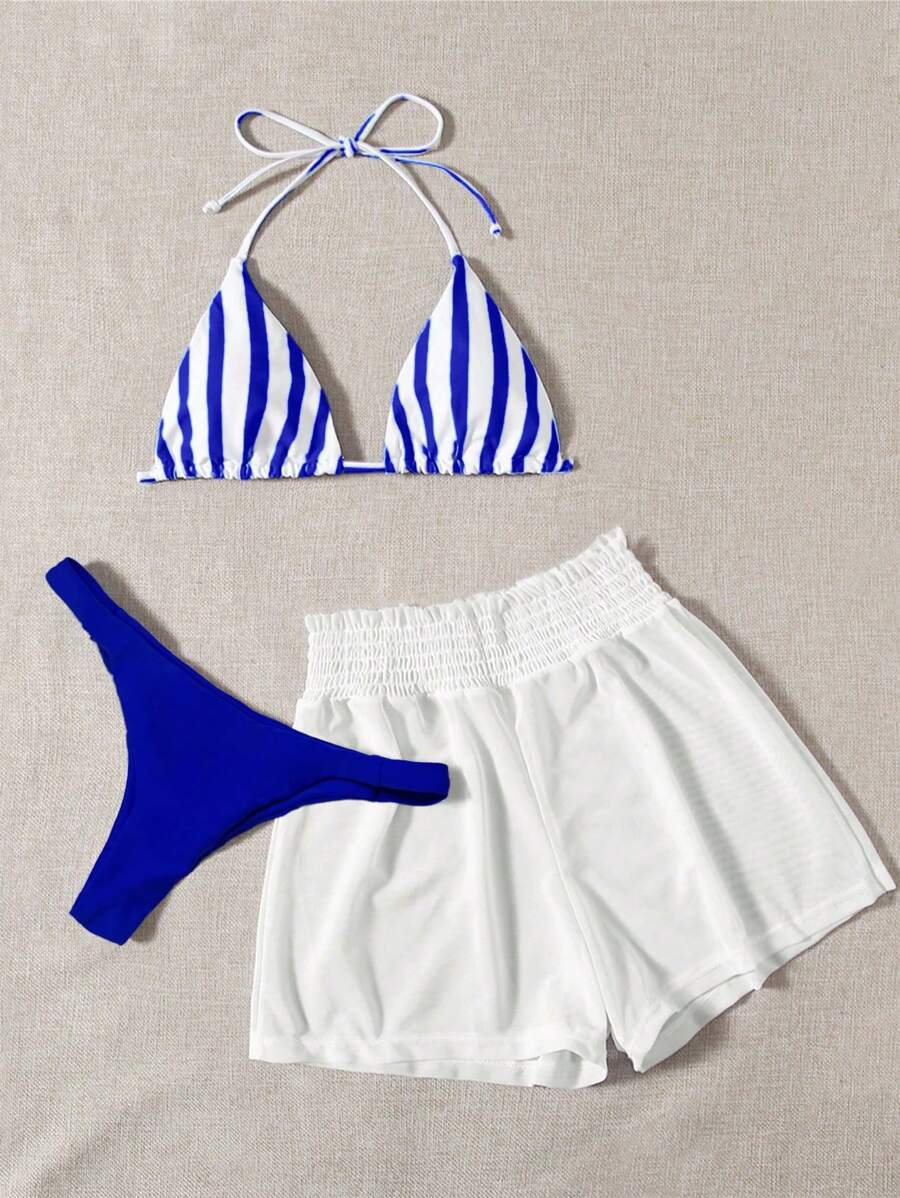 Swim Mod 3pcs Set Fresh Blue & White Striped Top, Blue Bottom And White Cover Up Shorts, Casual Beach Wear For Spring/Summer Vacation, Party, Beach - Blue and White - View 1