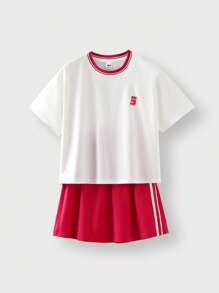 SHEIN Tween Girl Back-To-School White And Red Summer Casual School Outdoor Sports Short Sleeve T-Shirt & Skirt Set,Children Round Neck Patchwork Contrast - White - View 5