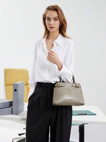 SHECARRY 女士顶部提手包鳄鱼纹秋冬上学旅行通勤工作优雅精致手提或斜挎，动物印花女包 - 灰色 - 查看 5