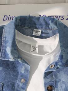 SHEIN 3-Piece Set Boys Jacquard Denim Washed Outfit With Simple Round Neck White T-Shirt, Fashionable Style, Special Fabric Design, Suitable For 4-7 Years Old Boys Daily Life, Travel, Party, Leisure In Spring And Summer - Blue - View 6