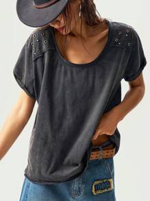 Bohemela Summer BOHO Music Festival Easter Bohemian Countryside Style Solid Color Knitted Round Neck Short Sleeve Loose Wash Washed Women T-Shirt - Grey - View 5