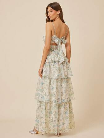 L'Amorae 优雅碎花无袖雪纺层叠系带荷叶边下摆侧开衩长裙。婚礼宾客礼服，女士夏季服装，度假服装