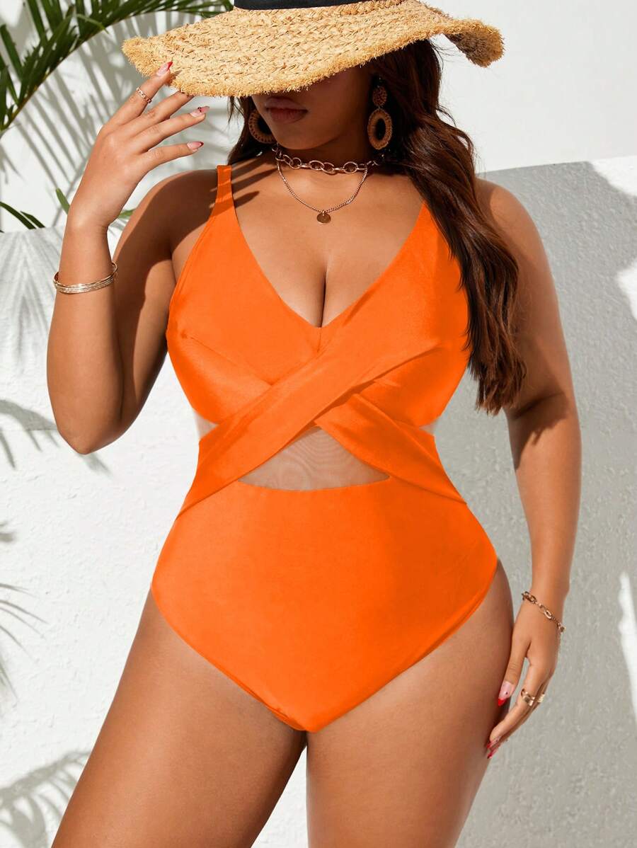 Swim Lushoire Plus Size Women Net Patchwork One Piece Swimsuit For Summer Beach Vacation - Orange - View 1